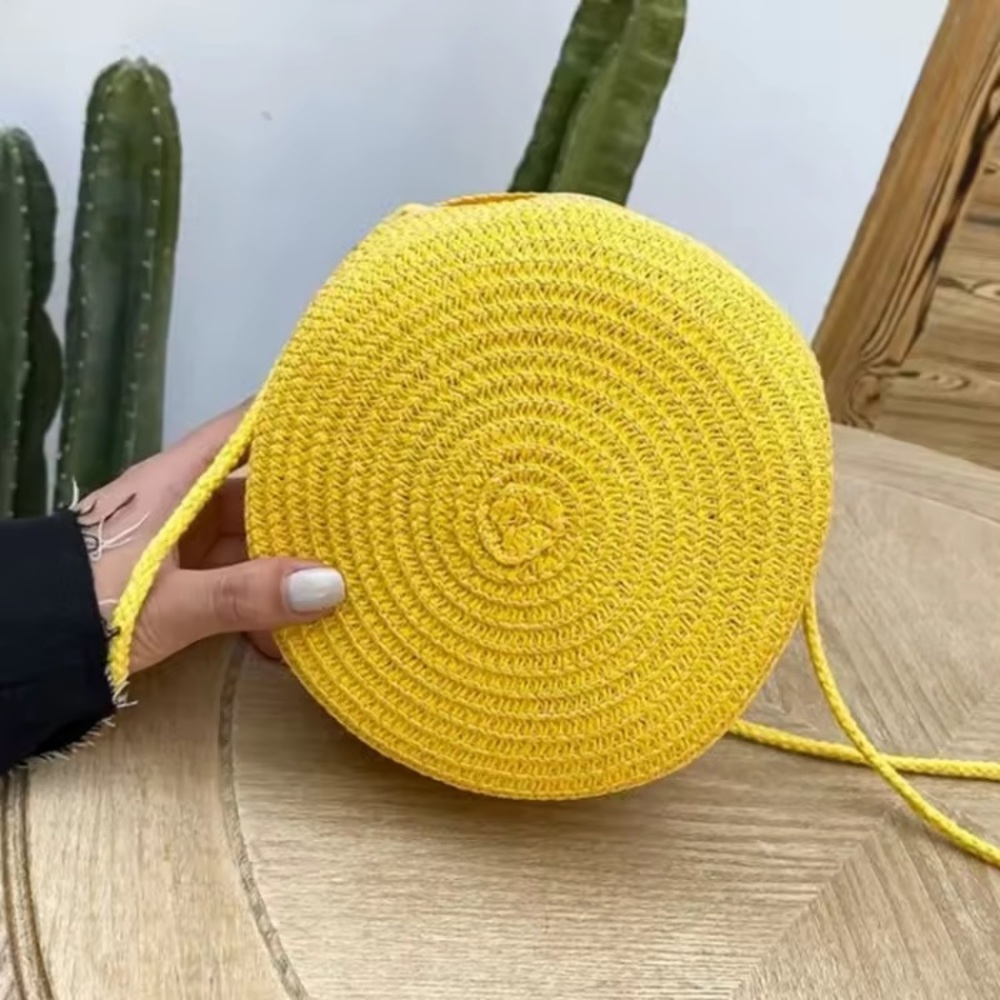 Round Yellow Woven Straw Raffia Round Crossbody Bag Purse Summer Handbag Bright - Picture 3 of 7
